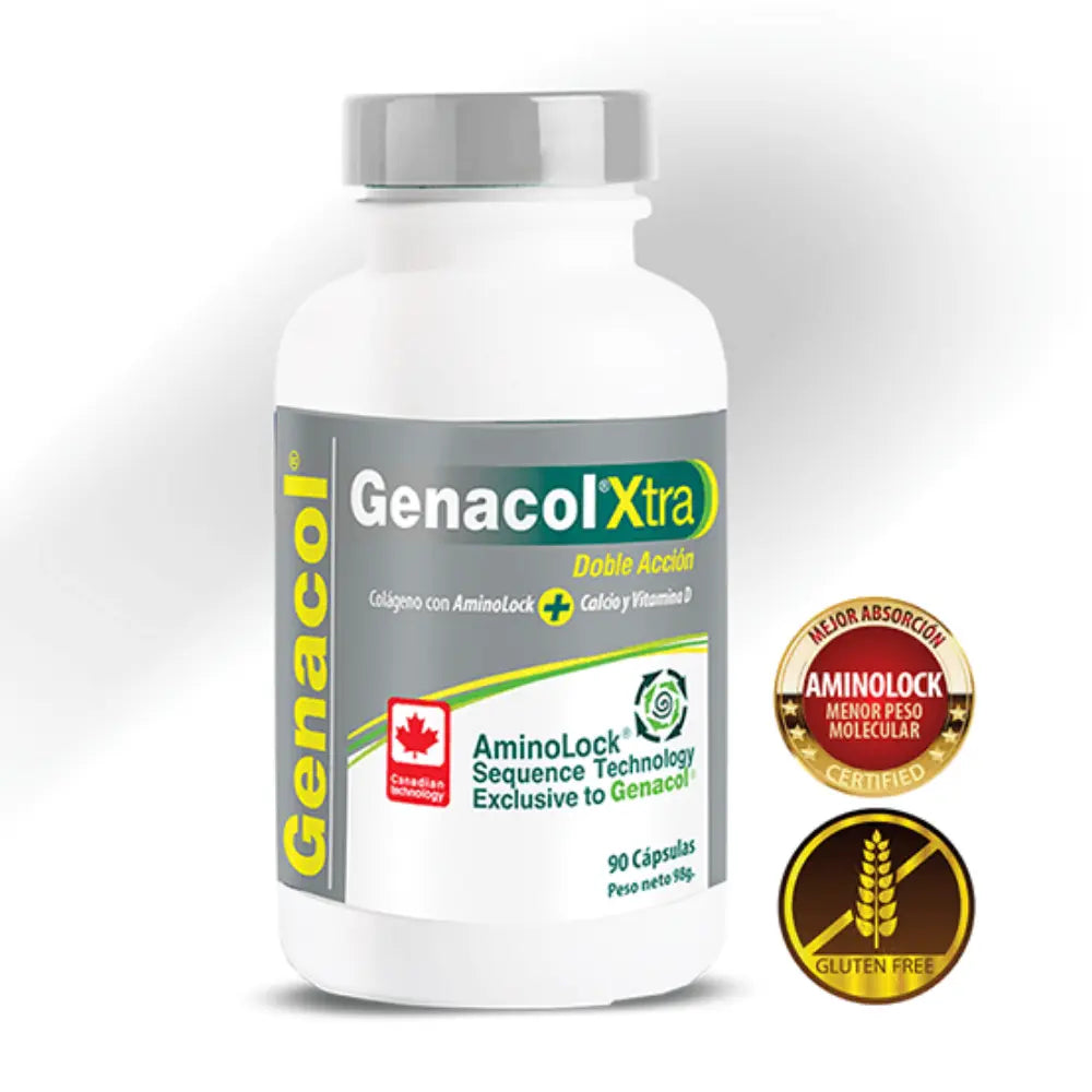 Frasco de Genacol Xtra con colágeno AminoLock, calcio y vitamina D, fórmula doble acción para articulaciones, con sellos de mejor absorción y libre de gluten.