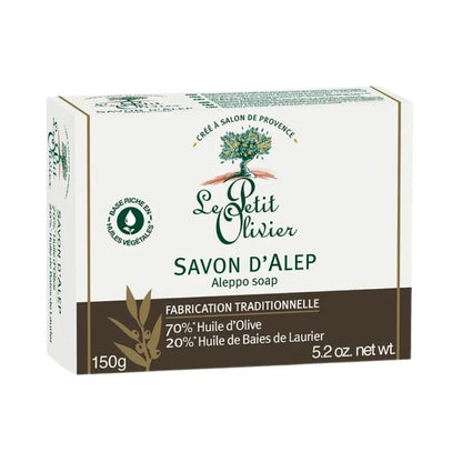 Jabón de Alepo Le Petit Olivier de 150g, con 70% de aceite de oliva y 20% de aceite de laurel, elaborado tradicionalmente en Francia para el cuidado natural de la piel.
