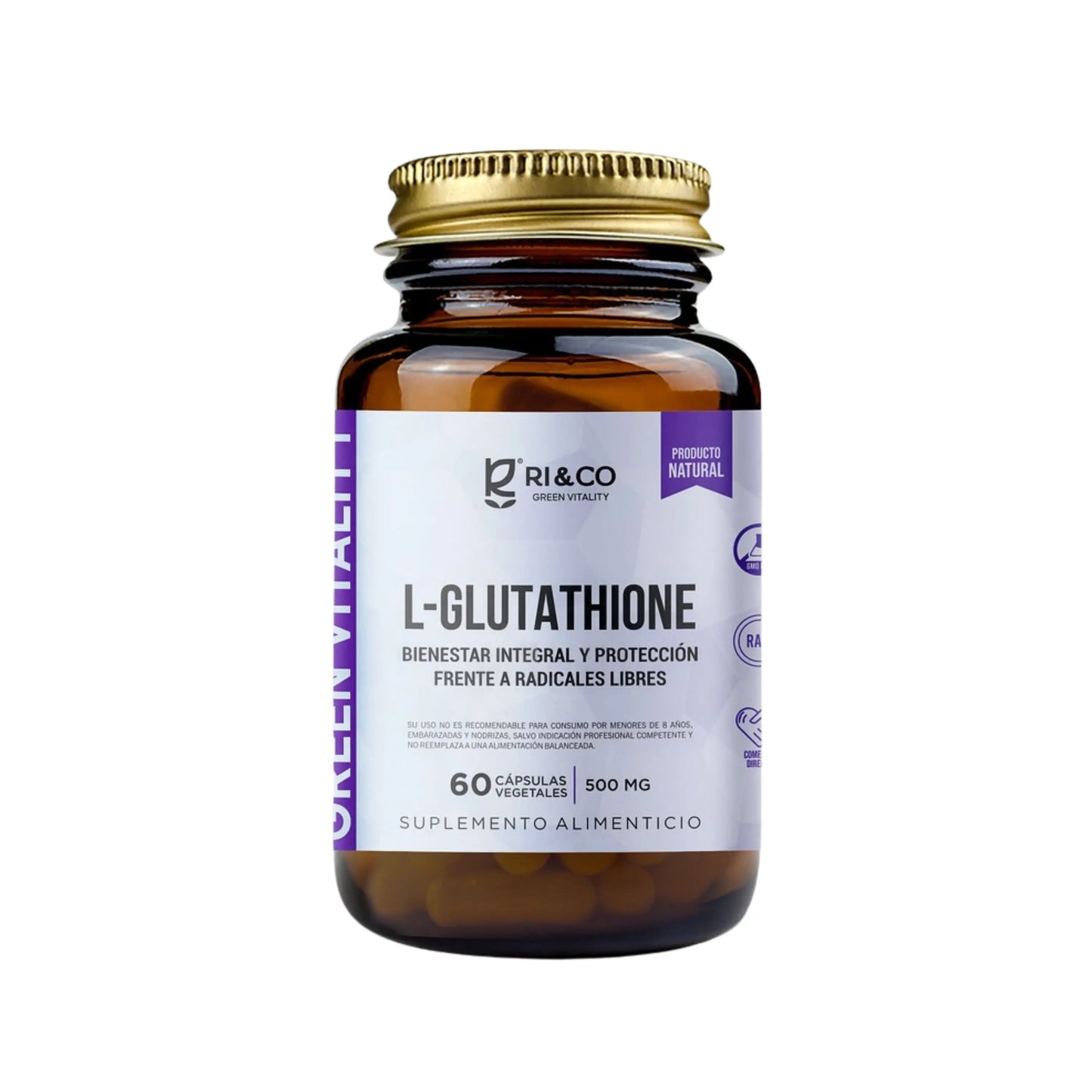 Frasco de suplemento L-Glutathione de RI&CO con 60 cápsulas vegetales de 500 mg, diseñado para bienestar integral y protección antioxidante frente a radicales libres.