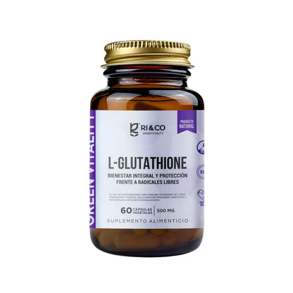 Frasco de suplemento L-Glutathione de RI&CO con 60 cápsulas vegetales de 500 mg, diseñado para bienestar integral y protección antioxidante frente a radicales libres.