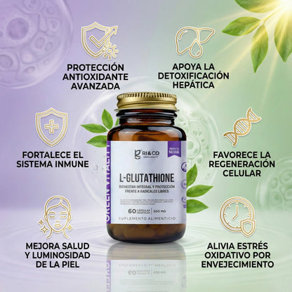 Infografía Suplemento L-Glutathione de RI&CO con beneficios antioxidantes, regeneración celular, detox hepático, fortalecimiento inmune y mejora en la piel.