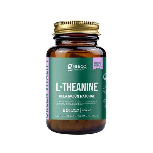 Frasco de L-Theanine RI&CO, suplemento natural de 60 cápsulas vegetales para promover la relajación y reducir el estrés.