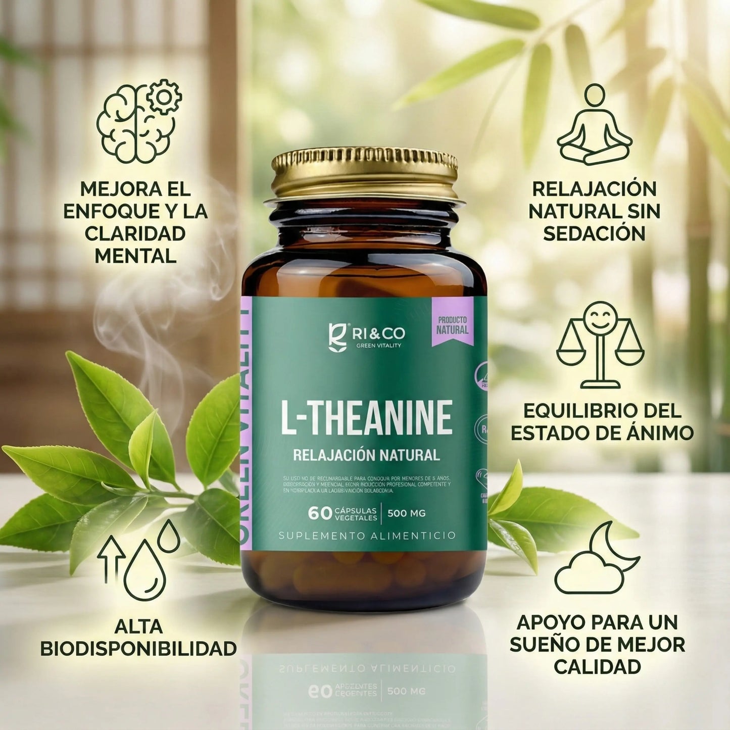 Infografía Suplemento L-Theanine RI&CO con beneficios para enfoque, relajación sin sedación, equilibrio emocional y mejor calidad del sueño.