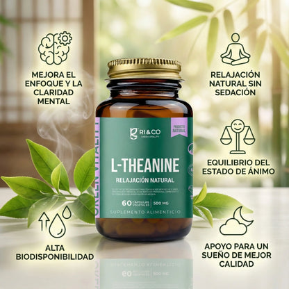 Infografía Suplemento L-Theanine RI&CO con beneficios para enfoque, relajación sin sedación, equilibrio emocional y mejor calidad del sueño.