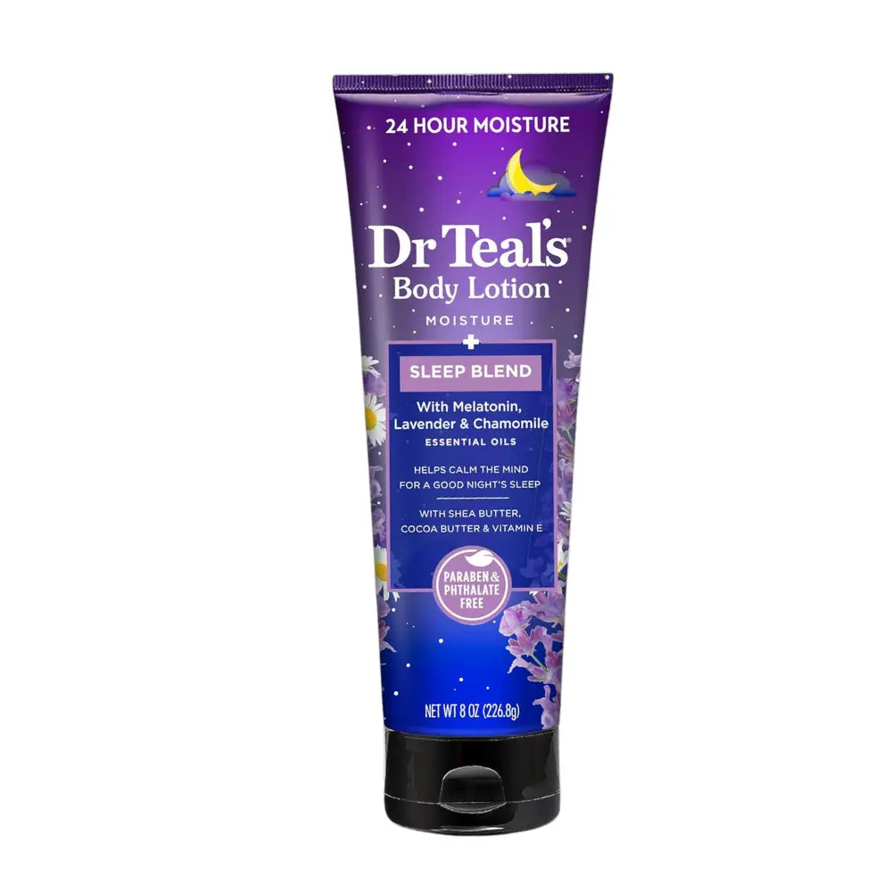 Loción corporal Dr Teal’s Sleep Blend en envase de 226.8 g. Diseñada para hidratar por 24 horas, contiene melatonina, lavanda y manzanilla para promover la relajación y mejorar el sueño. Enriquecida con manteca de karité, manteca de cacao y vitamina E. Fórmula libre de parabenos y ftalatos.