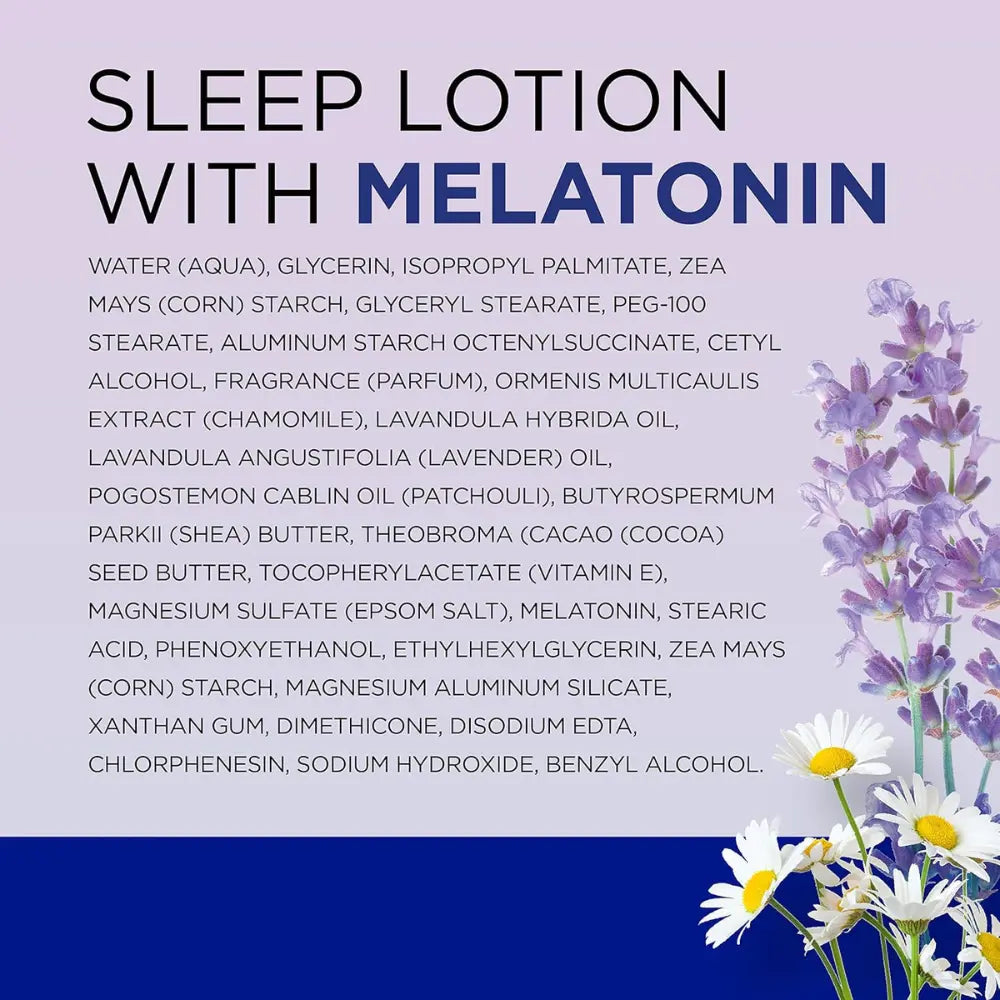 Infografía con la lista de ingredientes de la loción Dr Teal’s Sleep Blend, destacando la melatonina. Incluye aceites esenciales de lavanda y manzanilla, manteca de karité y vitamina E. El diseño tiene un fondo en tonos morados con ilustraciones de lavanda y manzanilla en la esquina inferior derecha.