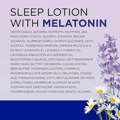 Infografía con la lista de ingredientes de la loción Dr Teal’s Sleep Blend, destacando la melatonina. Incluye aceites esenciales de lavanda y manzanilla, manteca de karité y vitamina E. El diseño tiene un fondo en tonos morados con ilustraciones de lavanda y manzanilla en la esquina inferior derecha.