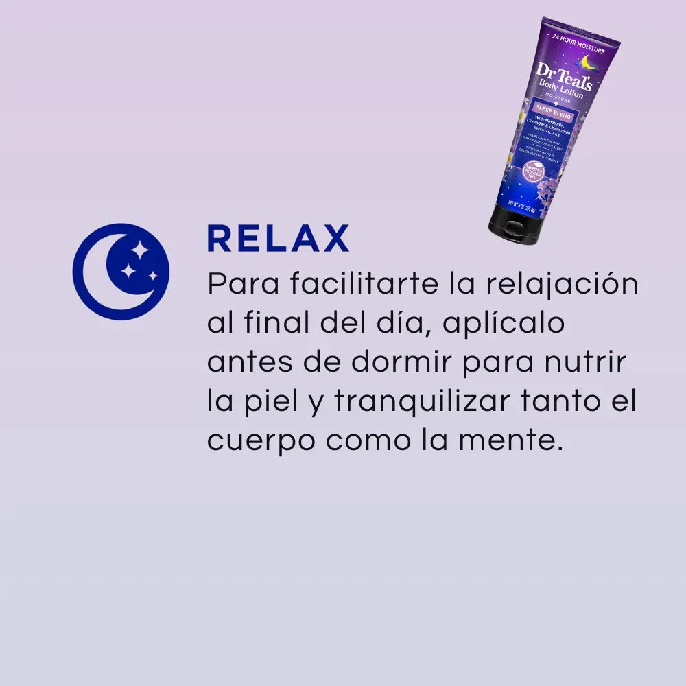 Infografía sobre la loción Dr Teal’s Sleep Blend con melatonina, lavanda y manzanilla. Destaca su uso antes de dormir para nutrir la piel y promover la relajación. Incluye un icono de luna y una imagen del producto en la esquina superior derecha sobre un fondo degradado en tonos relajantes.