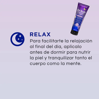 Infografía sobre la loción Dr Teal’s Sleep Blend con melatonina, lavanda y manzanilla. Destaca su uso antes de dormir para nutrir la piel y promover la relajación. Incluye un icono de luna y una imagen del producto en la esquina superior derecha sobre un fondo degradado en tonos relajantes.