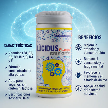Infografía de suplemento alimenticio Lúcidus Vitaminas para el cerebro. Muestra un frasco con diseño cerebral y lista de características como vitaminas del complejo B, C, D3 y E, apto para veganos. Beneficios: mejora cognitiva, memoria y sistema nervioso.