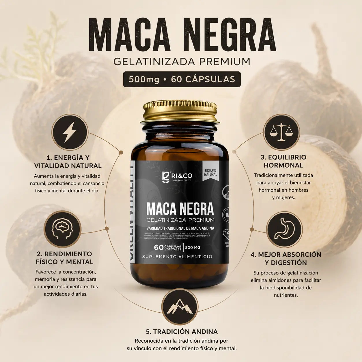 5 beneficios Maca Negra RI&CO 500mg energía rendimiento equilibrio hormonal digestión tradición andina
