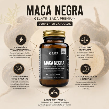 5 beneficios Maca Negra RI&CO 500mg energía rendimiento equilibrio hormonal digestión tradición andina