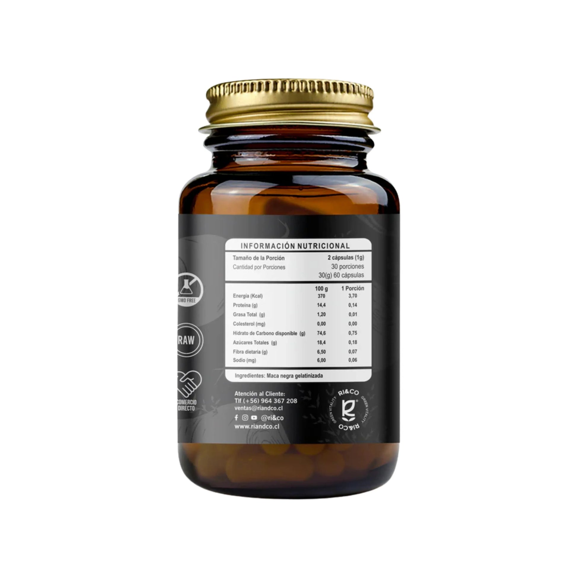 Reverso Maca Negra RI&CO información nutricional 60 cápsulas ingrediente único GMO Free y Raw