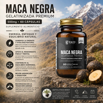 Infografía Maca Negra Gelatinizada RI&CO 500mg beneficios energía equilibrio hormonal y enfoque