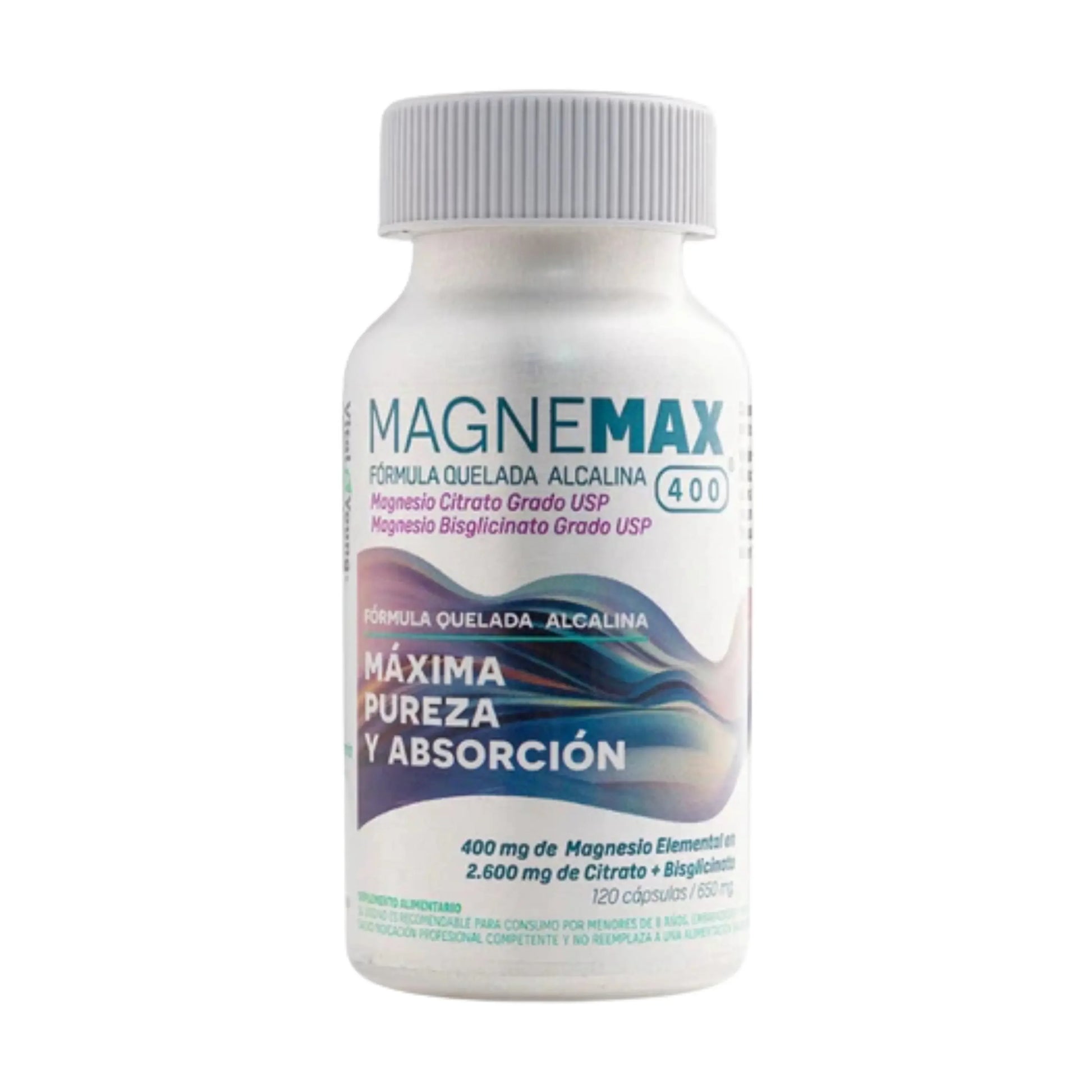 MagneMax 400 frasco frontal, magnesio citrato y bisglicinato 120 cápsulas máxima pureza y absorción