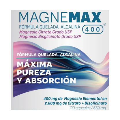 MagneMax 400 caja frontal, magnesio citrato y bisglicinato 120 cápsulas pureza y absorción