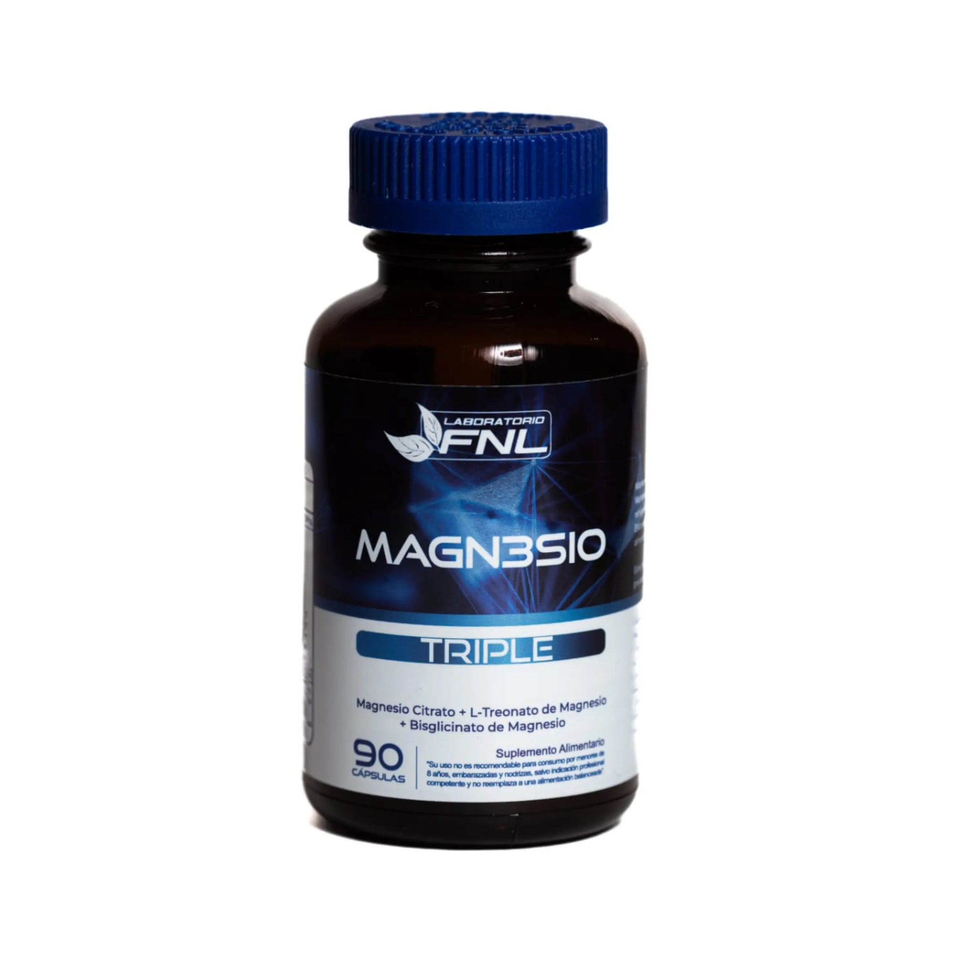 Frasco de Magnesio Triple de Laboratorio FNL con 90 cápsulas. Contiene citrato, L-treonato y bisglicinato de magnesio para mejorar la absorción. Etiqueta azul con detalles en blanco, incluye información sobre el producto y beneficios para la función cognitiva, salud ósea y muscular.