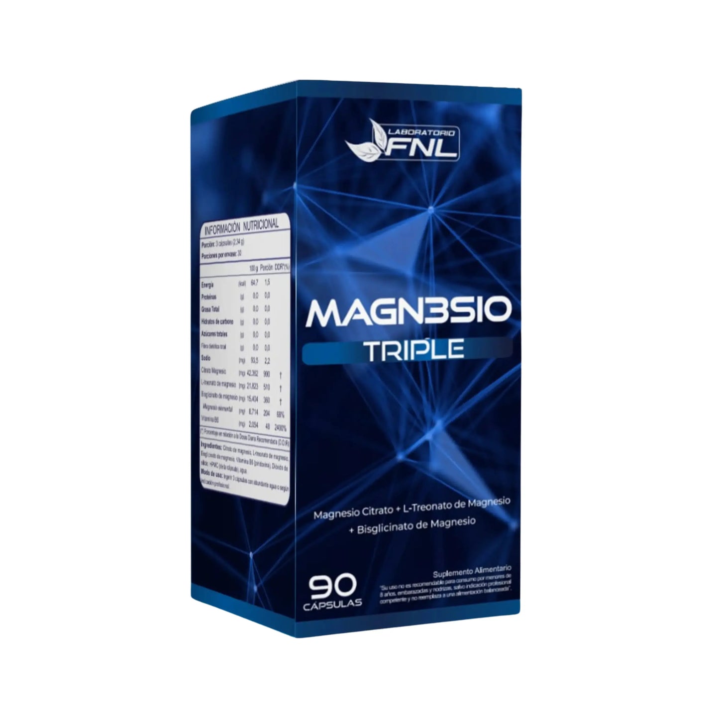 Caja de Magnesio Triple de Laboratorio FNL con 90 cápsulas. Fórmula con citrato, L-treonato y bisglicinato de magnesio para apoyar la función muscular, nerviosa y ósea. Información nutricional visible en el lateral. Suplemento alimentario recomendado para bienestar general.