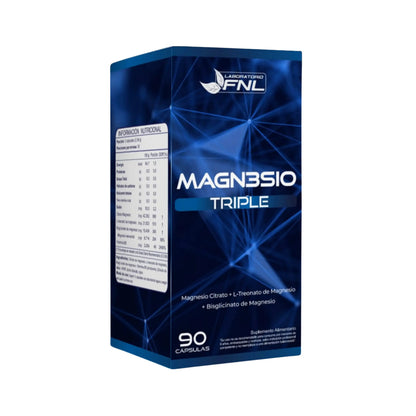 Caja de Magnesio Triple de Laboratorio FNL con 90 cápsulas. Fórmula con citrato, L-treonato y bisglicinato de magnesio para apoyar la función muscular, nerviosa y ósea. Información nutricional visible en el lateral. Suplemento alimentario recomendado para bienestar general.