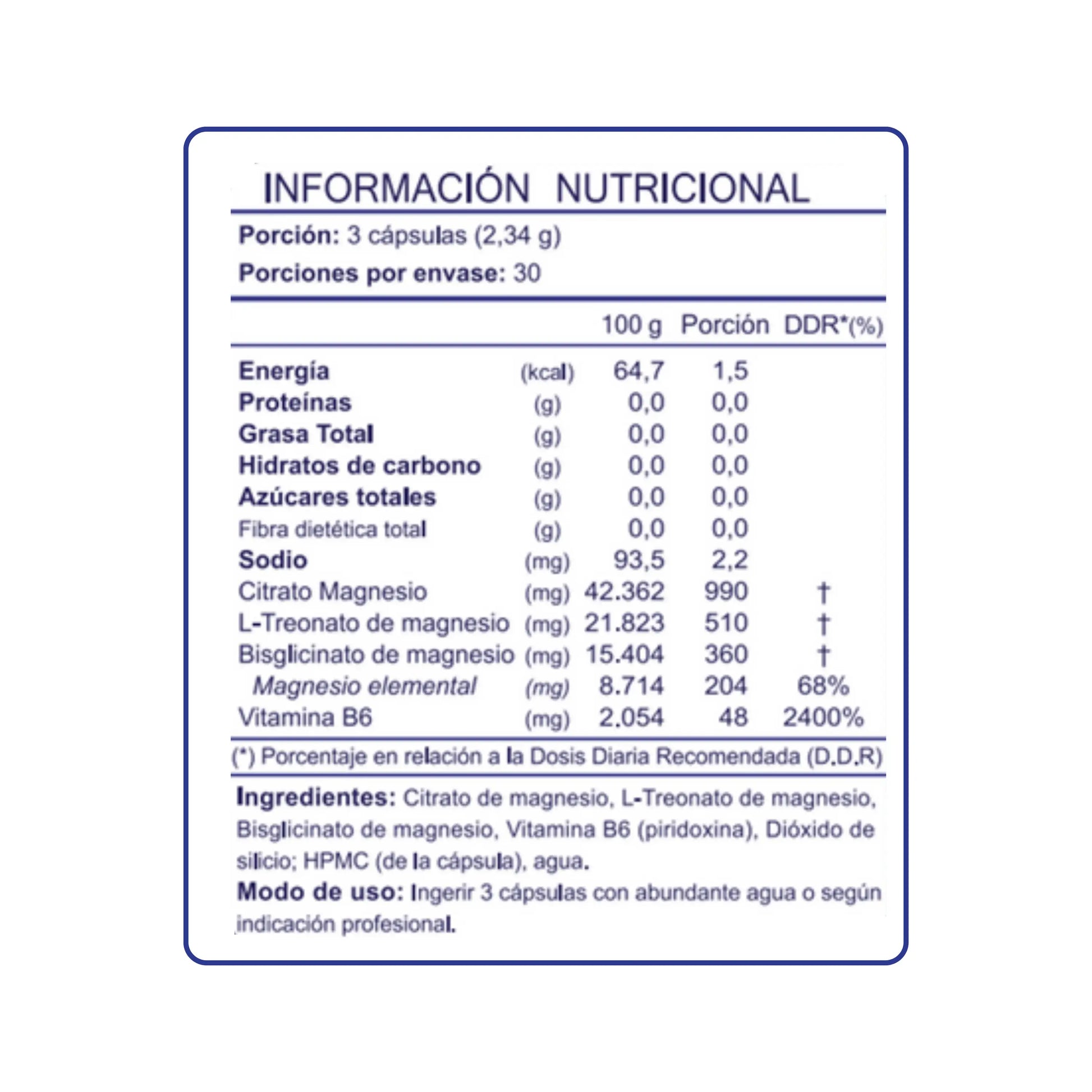 Tabla de información nutricional del suplemento Magnesio Triple de Laboratorio FNL. Contiene datos sobre la composición por porción de 3 cápsulas, incluyendo citrato, L-treonato y bisglicinato de magnesio, además de vitamina B6. Indica valores de magnesio elemental y porcentaje de la dosis diaria recomendada.