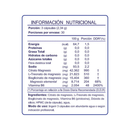 Tabla de información nutricional del suplemento Magnesio Triple de Laboratorio FNL. Contiene datos sobre la composición por porción de 3 cápsulas, incluyendo citrato, L-treonato y bisglicinato de magnesio, además de vitamina B6. Indica valores de magnesio elemental y porcentaje de la dosis diaria recomendada.