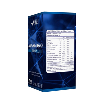 Contraetiqueta de la caja del suplemento Magnesio Triple de Laboratorio FNL, con tabla de información nutricional detallando su contenido por porción. Incluye citrato, L-treonato y bisglicinato de magnesio, además de vitamina B6. Indica dosis diaria recomendada y modo de uso.