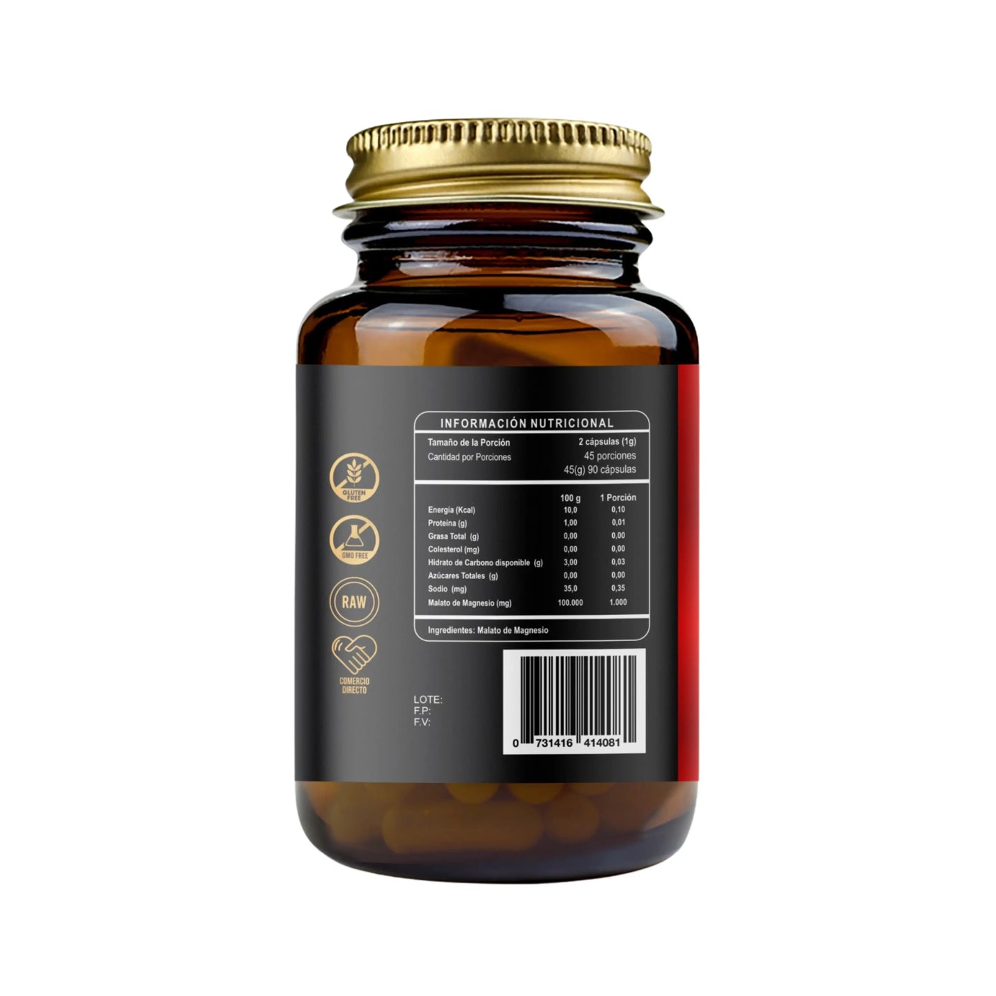Vista trasera del frasco de Malato de Magnesio RI&CO mostrando etiqueta nutricional en fondo negro con letras blancas. Se indica que cada porción (2 cápsulas) aporta 1000 mg de malato de magnesio, sin grasas ni azúcares. El envase contiene 90 cápsulas vegetales (45 porciones).