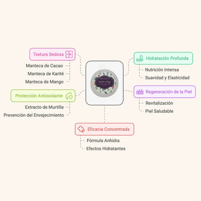 Diagrama de beneficios de una manteca corporal de murtilla y maqui, con envase central rodeado de textos: “Textura Sedosa” (mantecas de cacao, karité y mango), “Protección Antioxidante” (murtilla), “Hidratación Profunda”, “Regeneración de la Piel” y “Eficacia Concentrada”. Diseño en colores pastel sobre fondo beige claro.