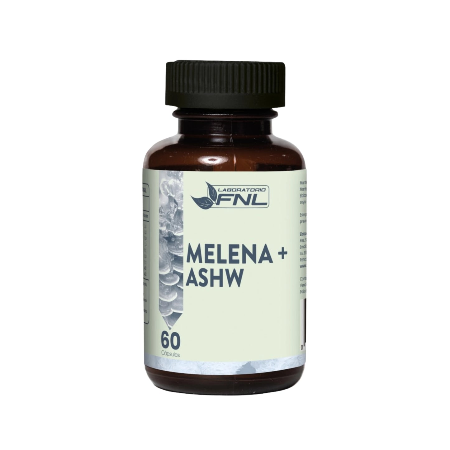 Frasco de suplemento Melena + Ashwagandha FNL con 60 cápsulas, combinación natural para apoyo cognitivo y bienestar.