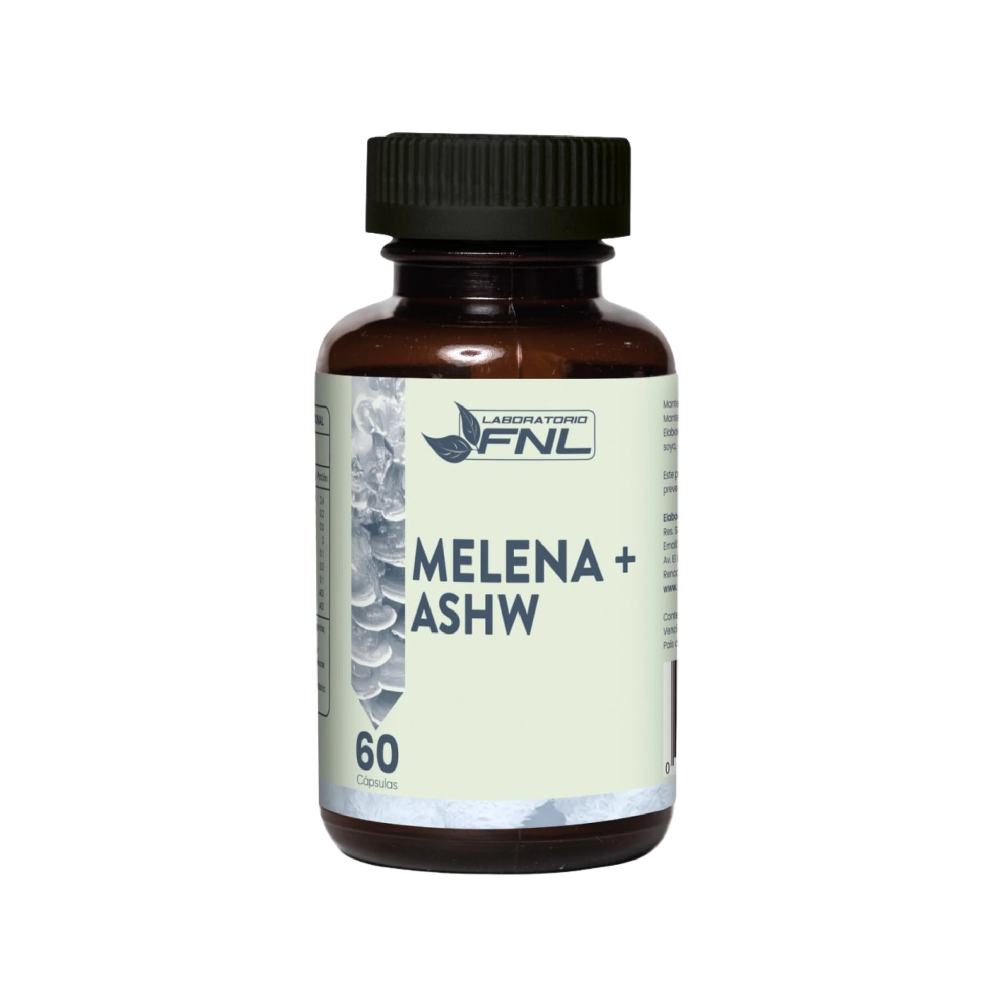 Frasco de suplemento Melena + Ashwagandha FNL con 60 cápsulas, combinación natural para apoyo cognitivo y bienestar.