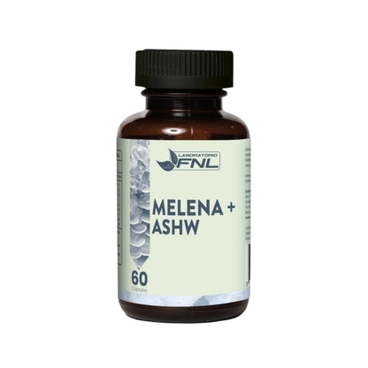 Frasco de suplemento Melena + Ashwagandha FNL con 60 cápsulas, combinación natural para apoyo cognitivo y bienestar.