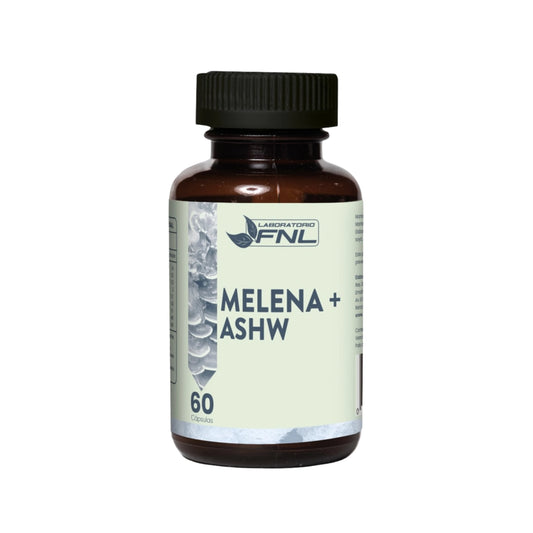 Frasco de suplemento Melena + Ashwagandha FNL con 60 cápsulas, combinación natural para apoyo cognitivo y bienestar.
