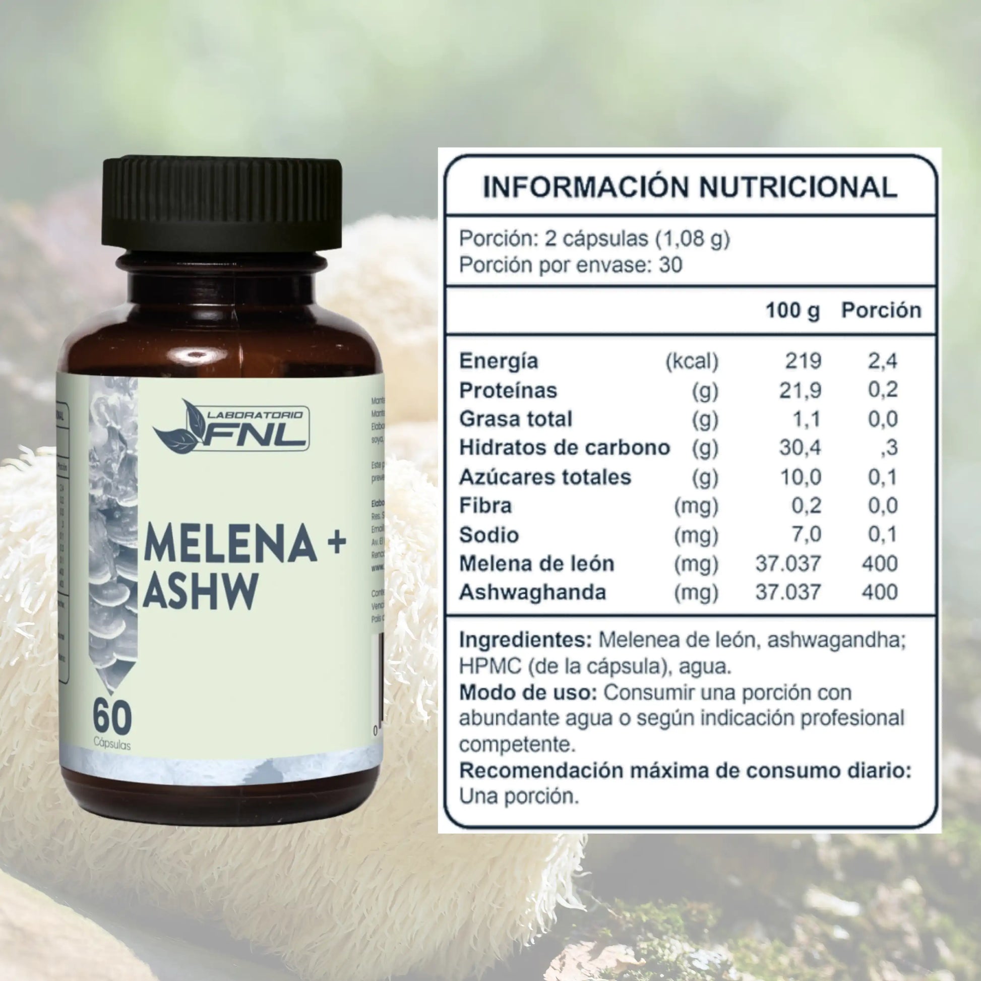 Frasco Melena + Ashwagandha FNL con tabla nutricional visible, suplemento natural en cápsulas para bienestar y enfoque.