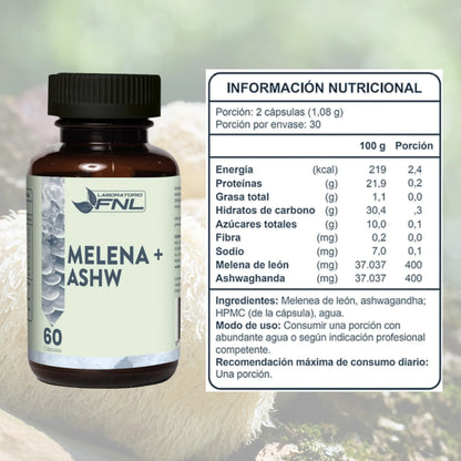 Frasco Melena + Ashwagandha FNL con tabla nutricional visible, suplemento natural en cápsulas para bienestar y enfoque.