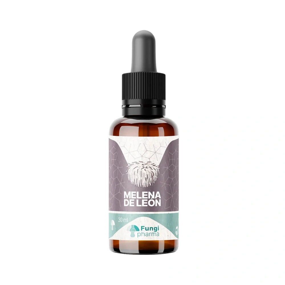 Frasco de extracto natural Melena de León (Lion’s Mane) de la marca Fungi Pharma, presentación en gotero de 30 ml. Suplemento alimentario usado para estimular la memoria, la función cognitiva y el sistema nervioso.