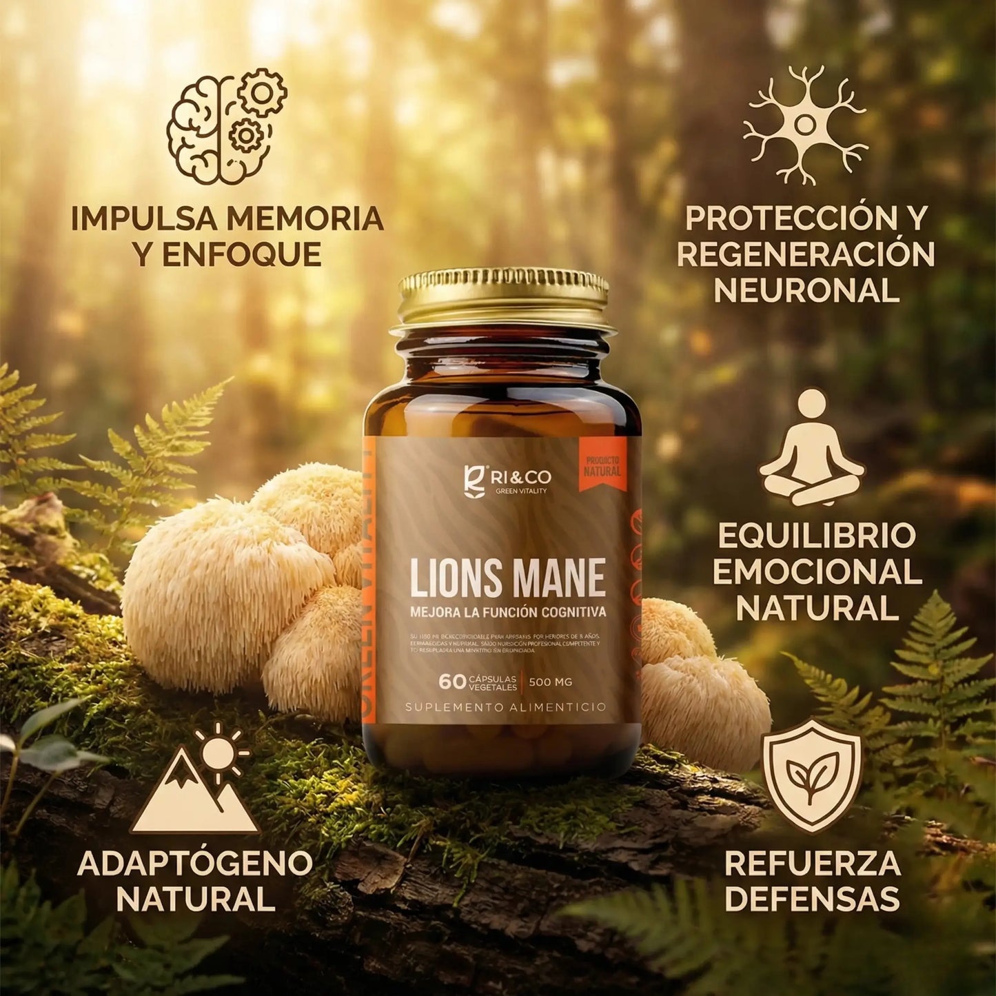 Suplemento Melena de León (Lion’s Mane) de RI&CO rodeado de hongos melena de león, con beneficios como memoria, enfoque, equilibrio emocional y refuerzo de defensas.