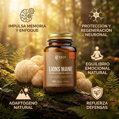 Suplemento Melena de León (Lion’s Mane) de RI&CO rodeado de hongos melena de león, con beneficios como memoria, enfoque, equilibrio emocional y refuerzo de defensas.