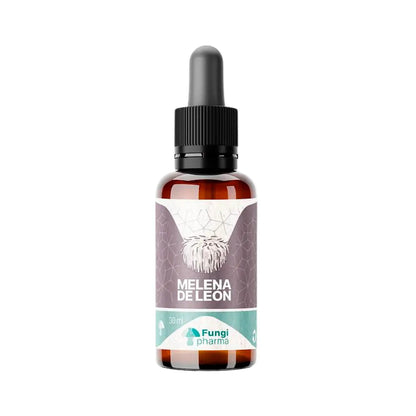 Frasco ámbar con gotero de extracto líquido de Melena de León de la marca Fungi Pharma, 30 ml. Etiqueta moderna con diseño geométrico y logotipo distintivo. Suplemento natural elaborado con hongo Hericium erinaceus, ideal para apoyo cognitivo y bienestar neuronal. Presentación práctica y fácil de usar.