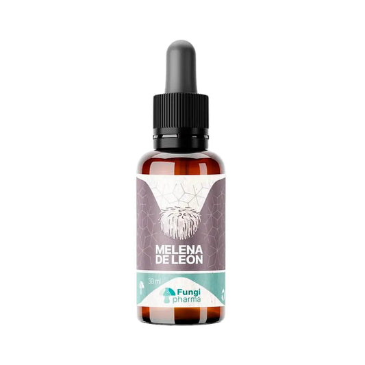 Frasco ámbar con gotero de extracto líquido de Melena de León de la marca Fungi Pharma, 30 ml. Etiqueta moderna con diseño geométrico y logotipo distintivo. Suplemento natural elaborado con hongo Hericium erinaceus, ideal para apoyo cognitivo y bienestar neuronal. Presentación práctica y fácil de usar.