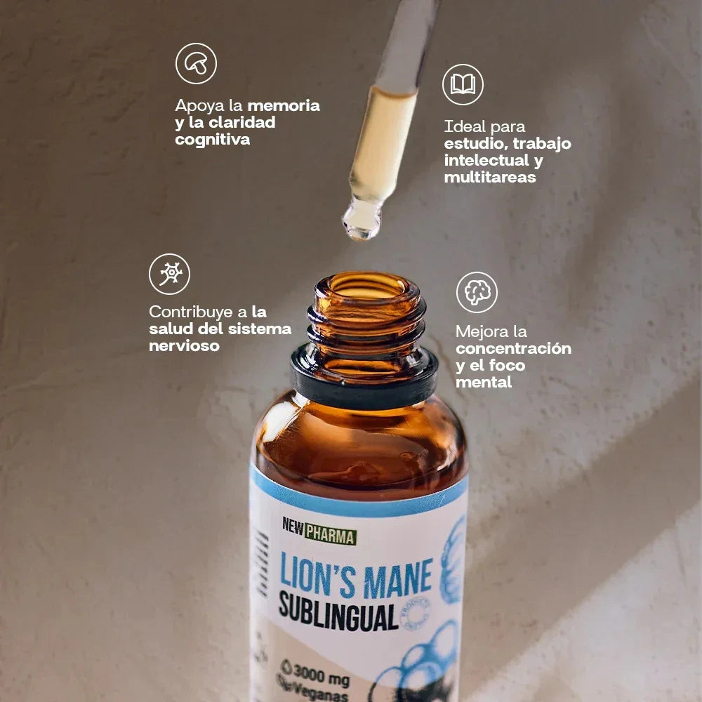 Gotas Lion's Mane Sublingual NewPharma 3000mg beneficios memoria concentración y sistema nervioso