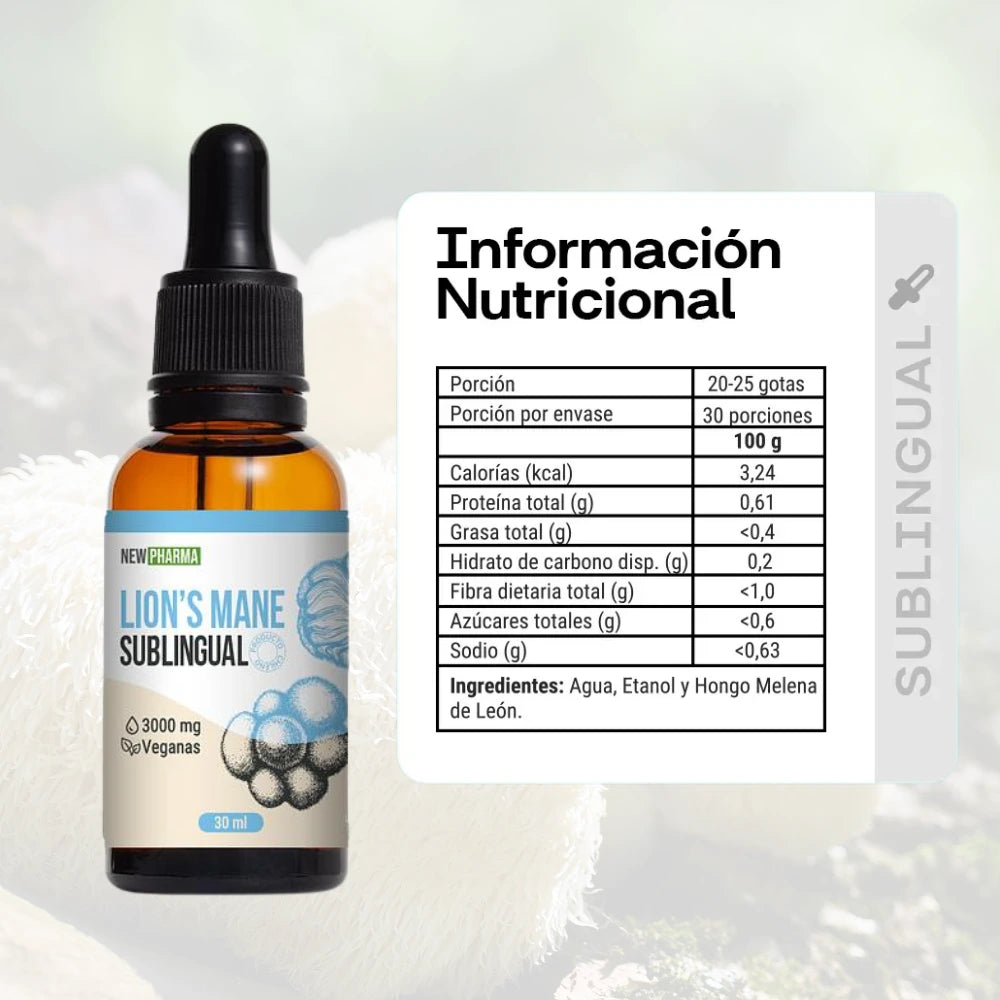 Información nutricional Lion's Mane Sublingual NewPharma 3000mg 30ml ingredientes y tabla nutricional