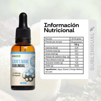 Información nutricional Lion's Mane Sublingual NewPharma 3000mg 30ml ingredientes y tabla nutricional