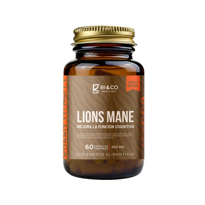 Frasco de suplemento Lion’s Mane (Melena de León) de RI&CO con 60 cápsulas vegetales de 500 mg para mejorar la función cognitiva, producto natural.