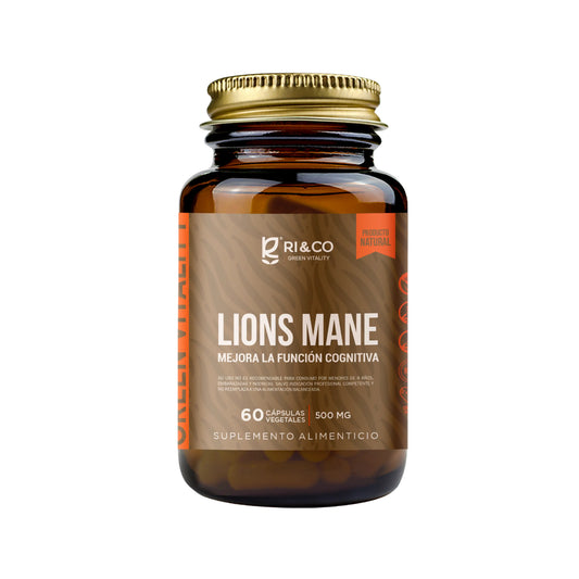 Frasco de suplemento Lion’s Mane (Melena de León) de RI&CO con 60 cápsulas vegetales de 500 mg para mejorar la función cognitiva, producto natural.