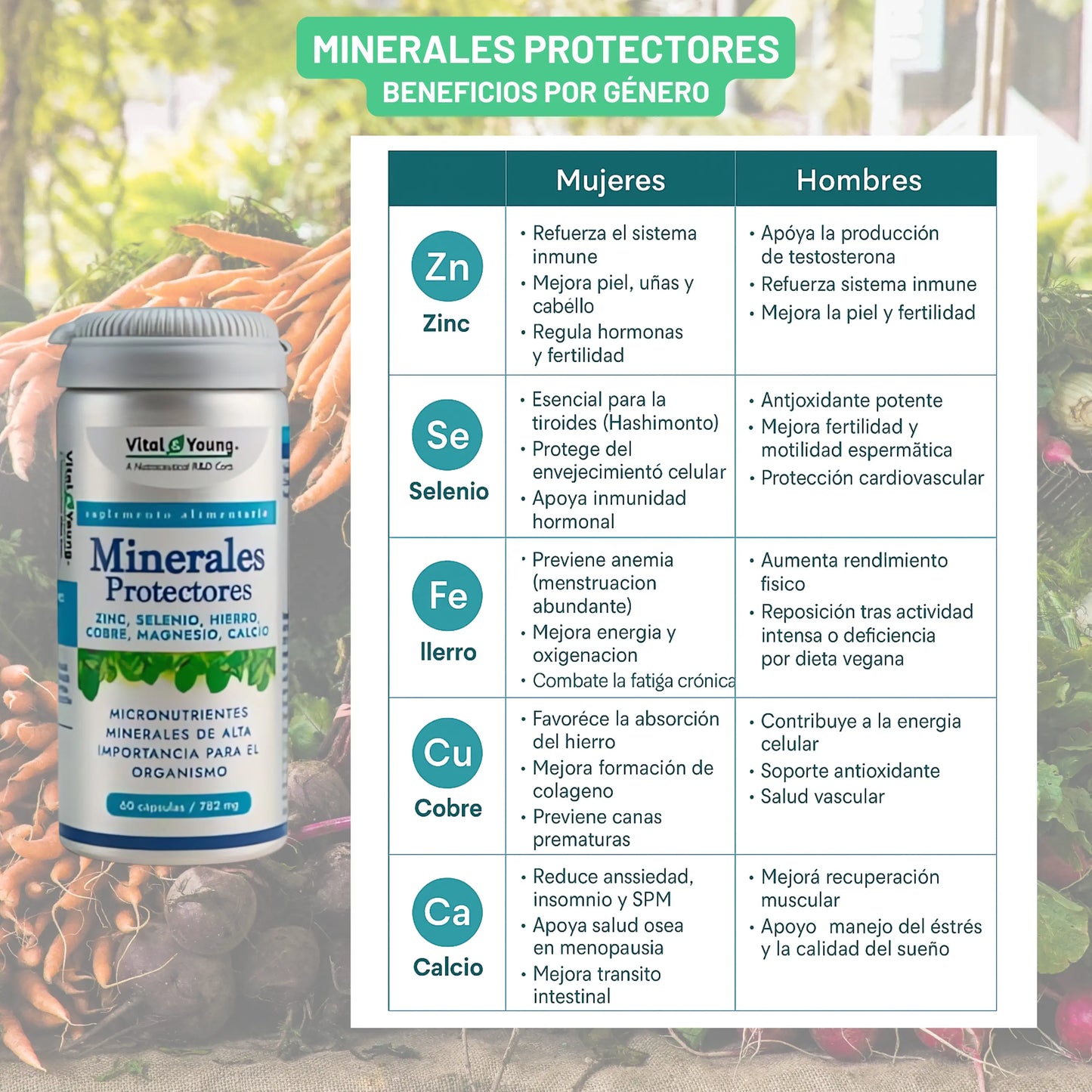 Minerales Protectores - Zinc, Selenio, Hierro, Magnesio y Calcio