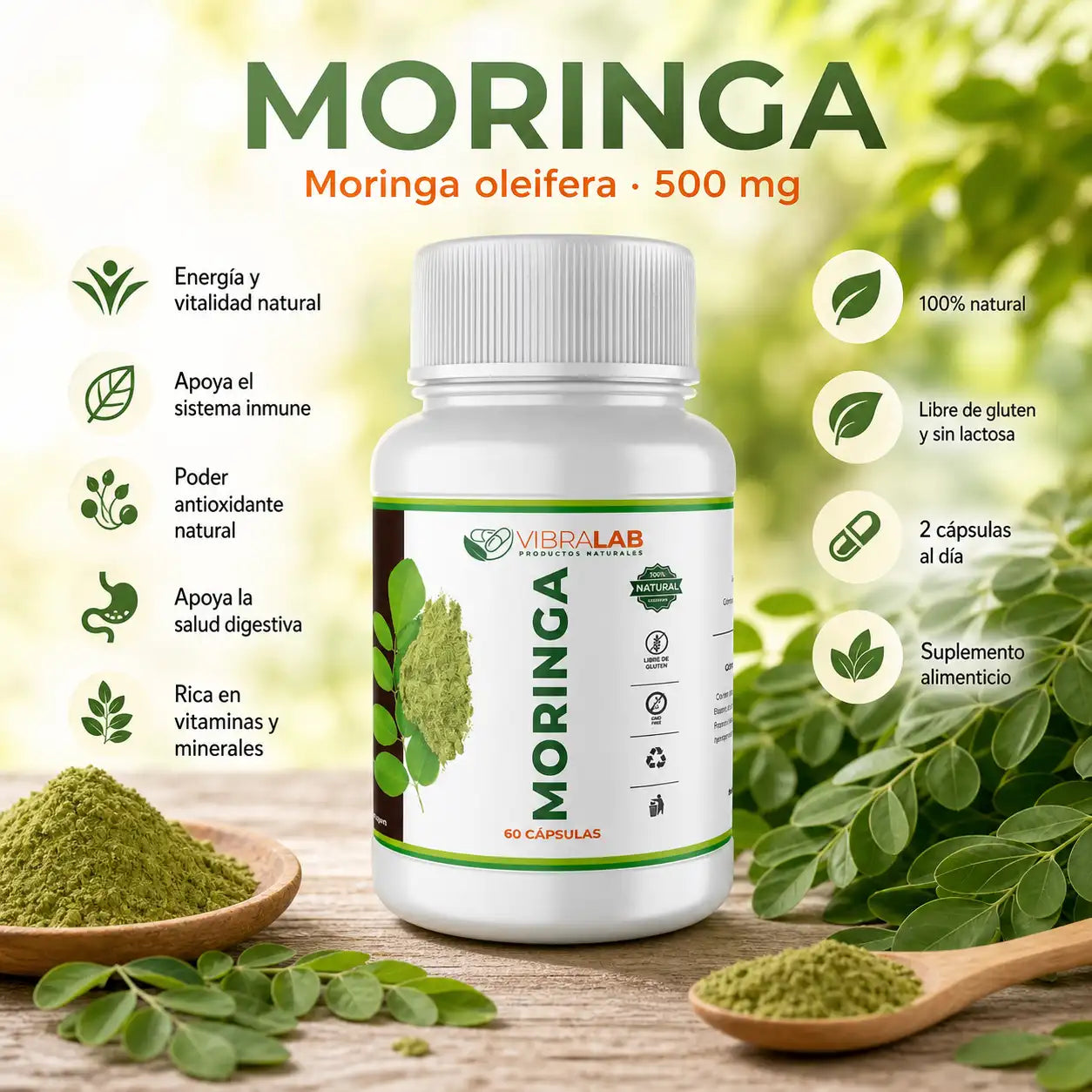 Infografía Moringa oleifera VibraLab 500mg, 60 cápsulas, energía, defensas y salud digestiva, natural