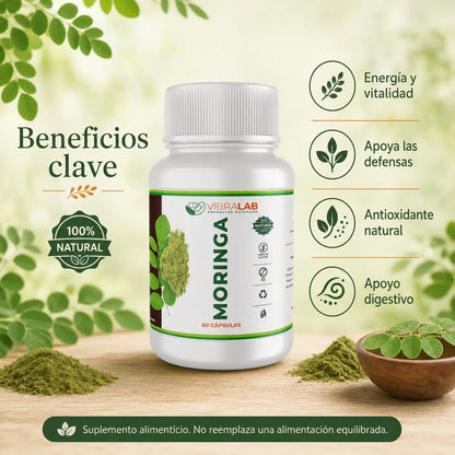 Infografía beneficios clave Moringa VibraLab 100% natural: energía, defensas, antioxidante, digestión