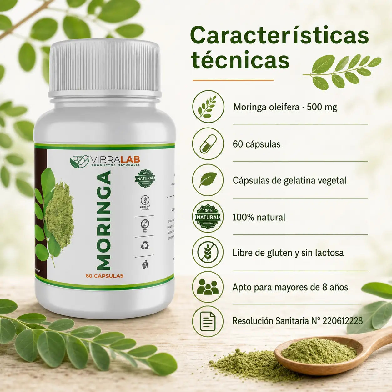 Infografía características técnicas Moringa VibraLab: oleifera 500mg, 60 cápsulas, natural, sin gluten