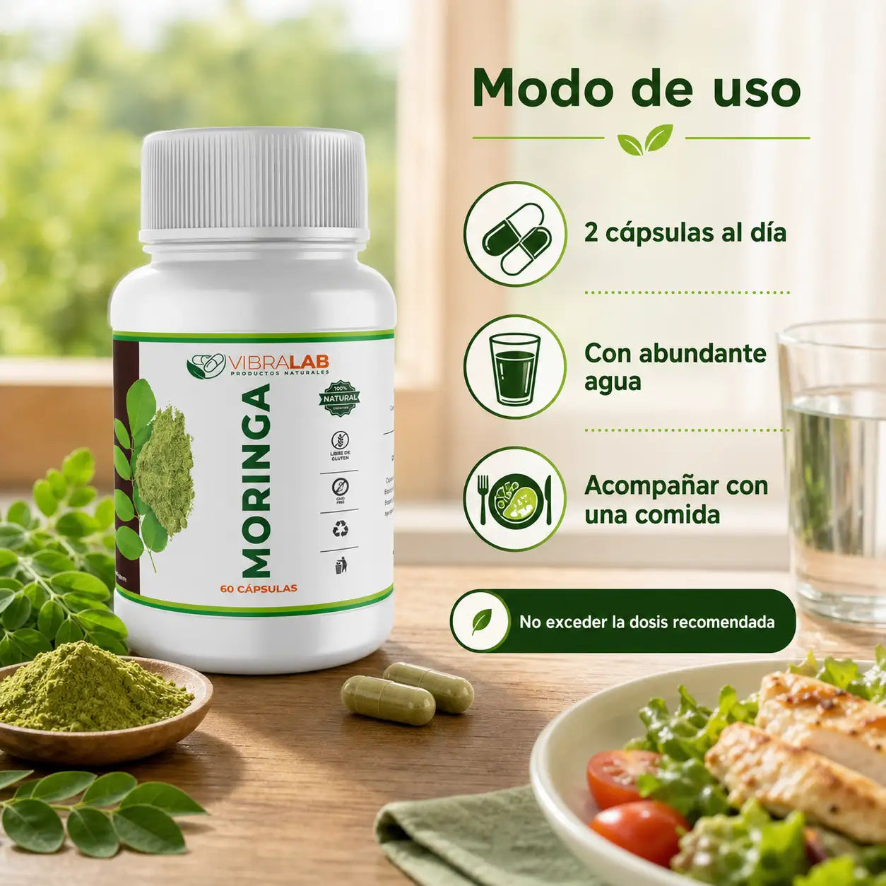 Infografía modo de uso Moringa VibraLab: 2 cápsulas al día con agua, acompañar con una comida