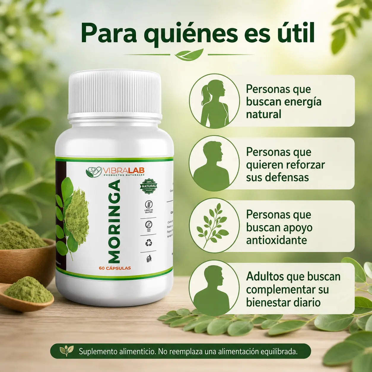 Infografía para quién es útil Moringa VibraLab: energía natural, defensas, antioxidante, bienestar diario